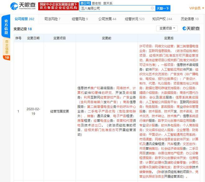 龙八国际58同城全资子公司经营范围发生变更 新增人工智能应用软件开发等(图1)